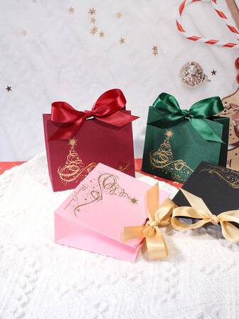 5Pcs Luxury Christmas Gift Boxes With Ribbon Bow, Elegant Tree Design Favor Box, Candy Cookie Chocolate Packaging, Holiday Party Supplies For Xmas Wedding Birthday, Small Present Wrapping For Jewelry, Classroom Exchange, Family Gathering Decorations
