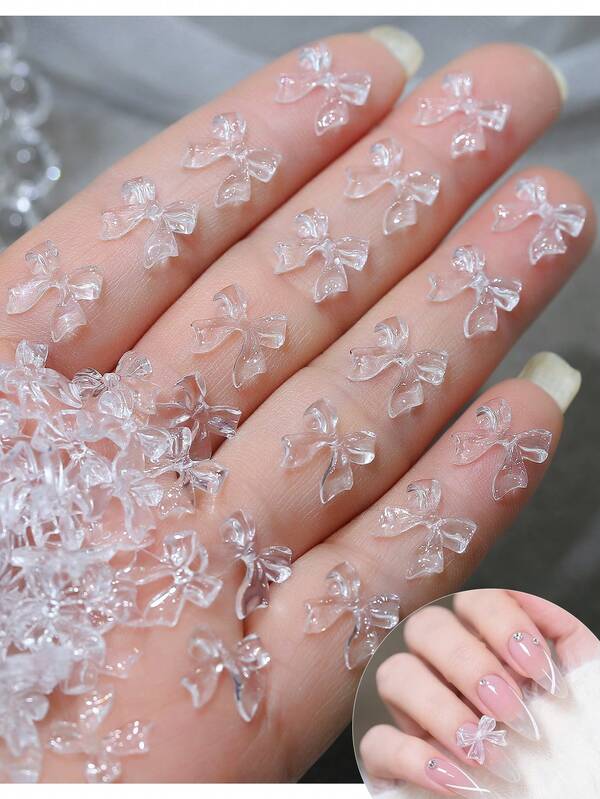 50 pezzi Decorazioni per unghie in resina a forma di fiocco 3D, Accessori per manicure kawaii con fiocco, strass e nastrino