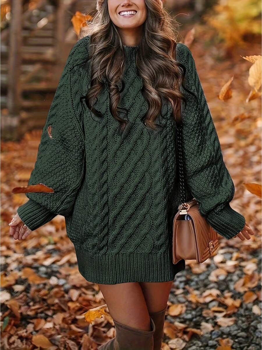 Plus Size Women Casual Solid Color Cable Pattern Loose Knit Sweater, Autumn/Winter - Dark Green - View 1
