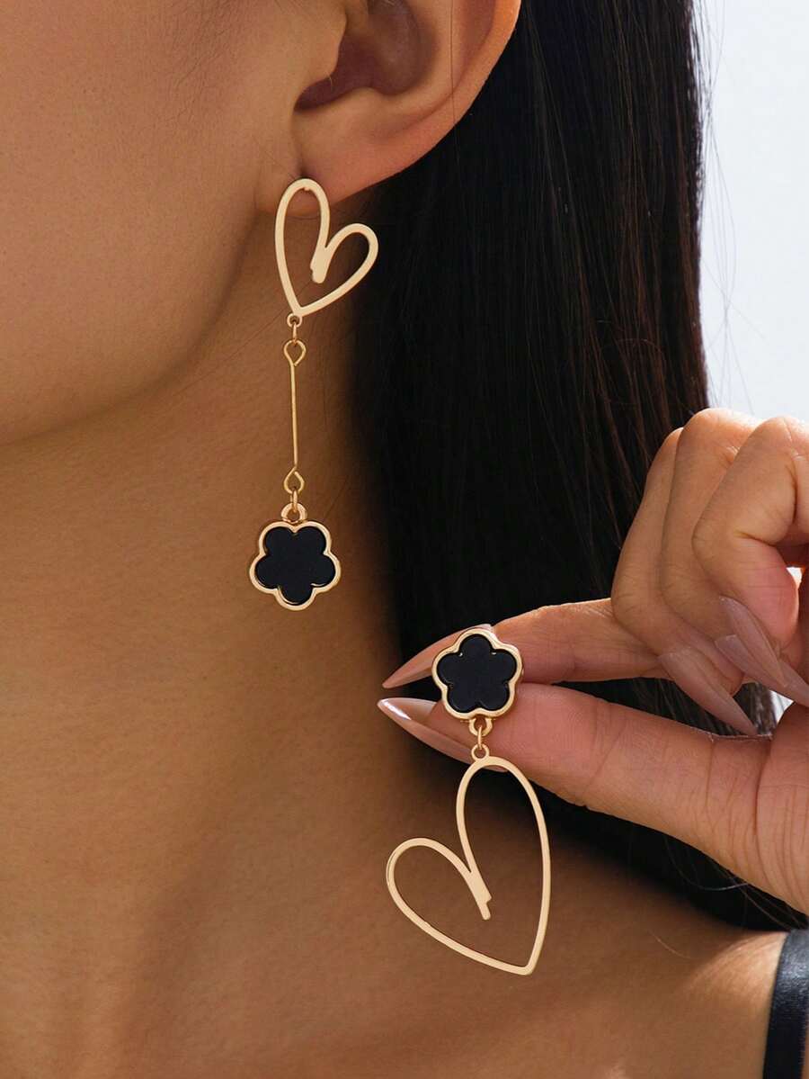 1 Cặp bông tai hình trái tim và hoa năm lá màu đen bất đối xứng sang trọng, quà tặng trang sức thời trang cho sinh nhật, kỷ niệm, hẹn hò - màu đen - Xem 1
