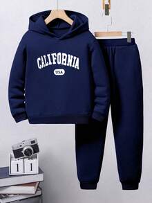 2pcs/Set Tween Boy Casual Letter Print Fleece Hoodie Sweatshirt And Pants Set, Dark Heather Gray - Navy Blue - View 6