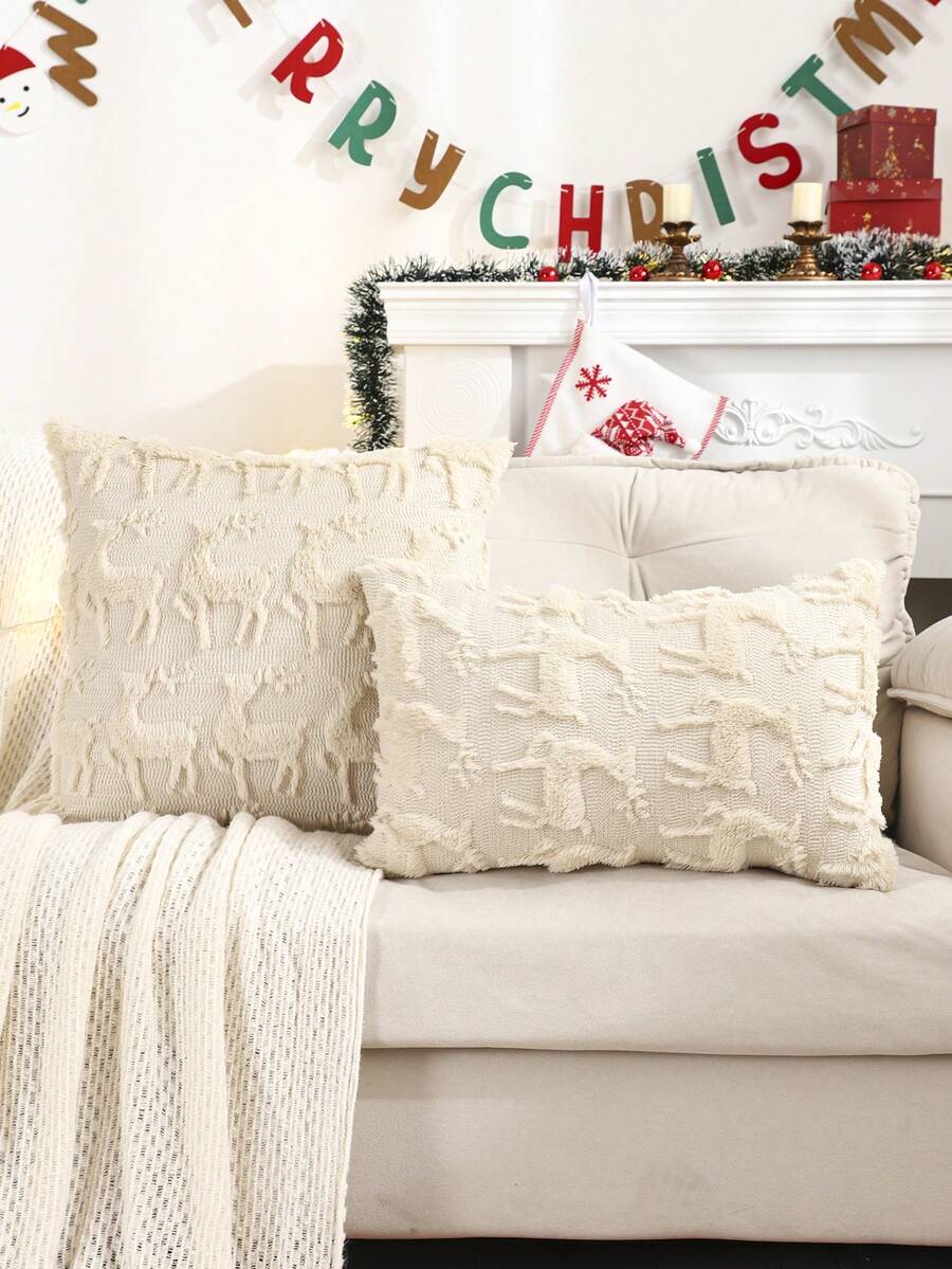 1pc Christmas Decorative Pillow Cover, Plush Quilted Embroidered Reindeer Design, Suitable For Winter Farmhouse, Living Room, Bedroom, Holiday - Beige - View 1