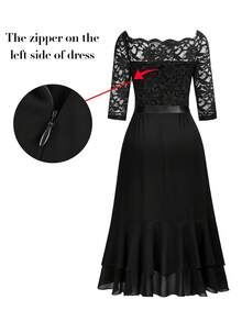 MIUSOL Elegant Women's Floral Lace Boat Neck Contrast Black Chiffon Midi Swing Dress, Half Sleeves Asymmetrical Ruffle Flowy Hem, For Wedding Guest, Cocktail Party, Evening Or Formal Event - màu đen - Xem 8