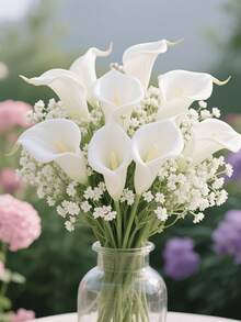 30PCS Stems Artificial Flowers, Premium White Realistic Calla And Gypsophila For Home Decor, Wedding Decoration, Table Centerpiece, Office Decor, Valentine's Day, Father's Day, Lily & Carnation Arrangement, Holiday Seasonal Display