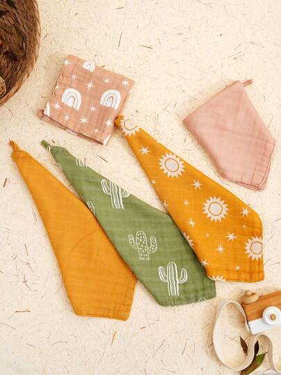 Bộ 5 khăn mặt bằng vải muslin tre, khăn mềm in hình cầu vồng, khăn lau miệng cho bé.
