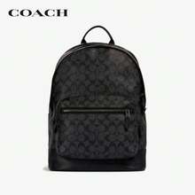 COACH West 35 Classic Zip-Top Large Capacity Signature Coated Canvas And Leather Backpack, Black Letter Print, For Men - Black - View 1