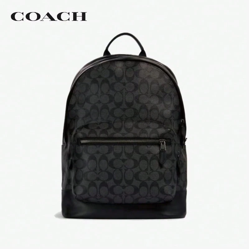 COACH West 35 Classic Zip-Top Large Capacity Signature Coated Canvas And Leather Backpack, Black Letter Print, For Men - Black - View 1