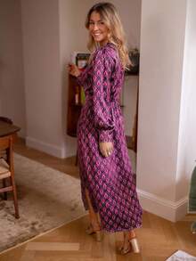 Elegancka sukienka damska z długim rękawem i nadrukiem w całości z satyny syjamskiej - z eleganckim, wysokim rozcięciem z przodu do uda i krzyżującymi się guzikami, idealna na codzienne randki, imprezy, wakacje, popołudniową herbatę i oficjalne okazje