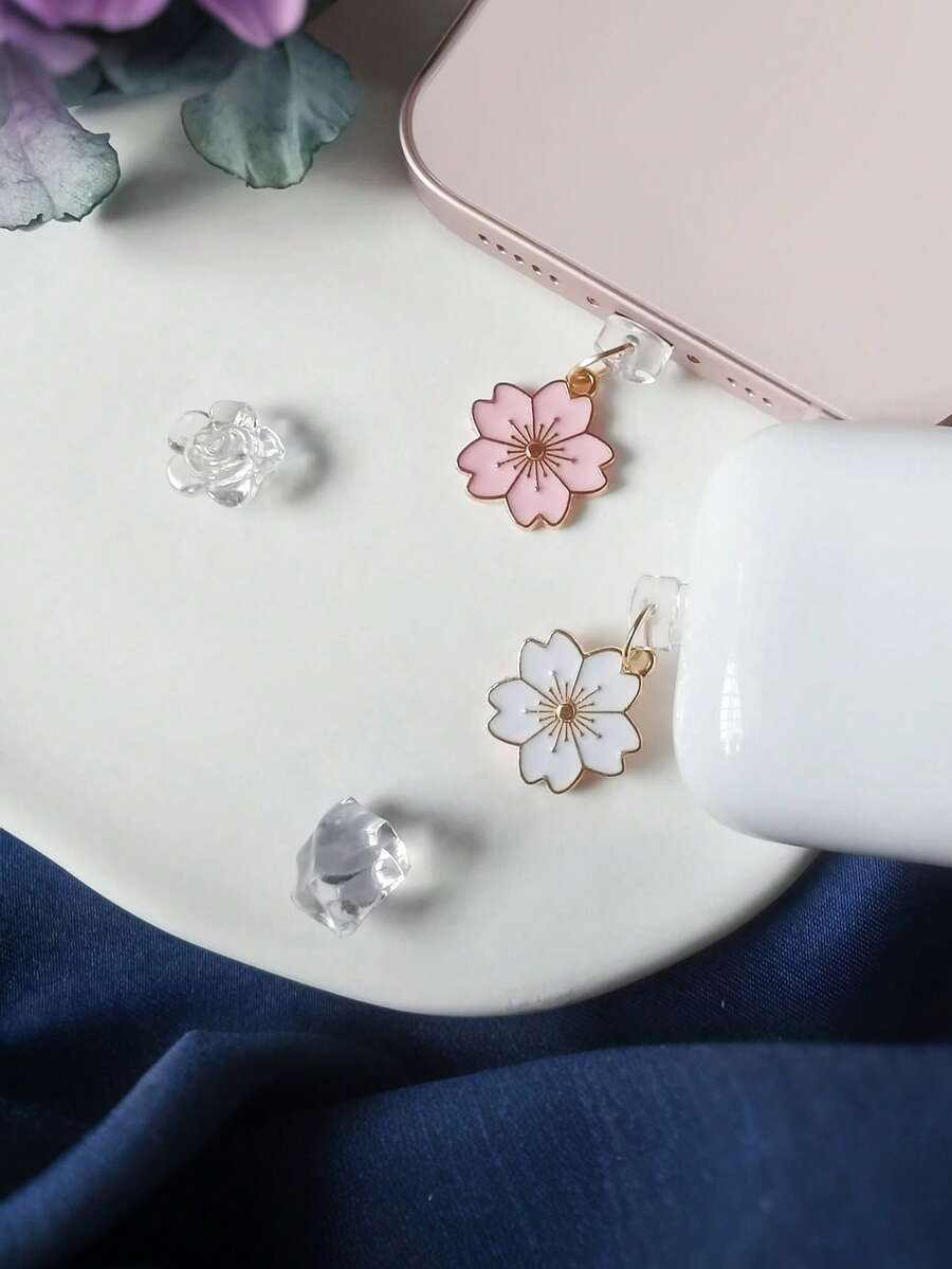 Japanese-Style Cute Enamel Cherry Blossom Phone Dust Plug | Fits Lightning/Type-C Ports | Universal Phone Decorative Charm Phone Accessory