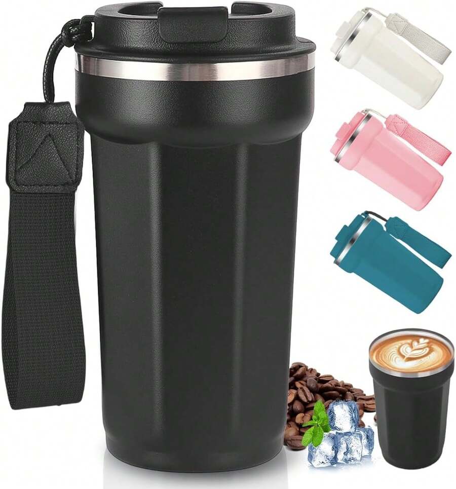 MOYAC Taza Termo de Café de 510 ml, Termo Cafe de Viaje con Cordón de Acero Inoxidable, Termo al Vacío para Conservación del Calor y el Frío, Adecuada para Preparar Leche, Café, Té (Negro) - AZUL - Ver 1
