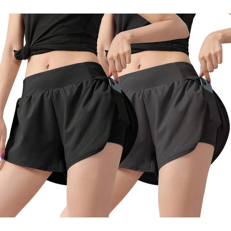 Shorts Mujer Deportivos 2 en 1, Paquete de 2 Pantalones Cortos para Correr, con Bolsillo para Incorporado, Pantalón Cortos con Licra Mujer, Secado Rápido, para Entrenamiento, Gimnasio, Ejercicio-M - Negro y rosa-XL - Ver 1