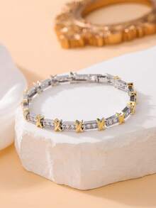 1pc Fashionable Cubic Zirconia Sparkling Criss-Cross Dual-Tone Letter X Necklace, Elegant Design Women's Party Gift Jewelry