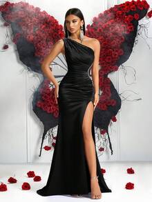 Elisanya Vestido elegante com strass, cintura alta, franzido, fenda nas costas, sem amarração, adequado para baile de formatura, festa, aniversário, encontro romântico, baile de formatura, convidada de casamento, jantar formal - Preto - Ver 7