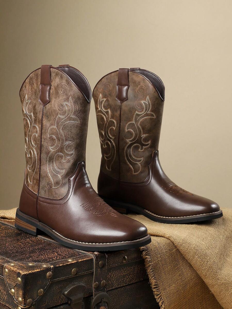 1 双男式刺绣图案圆头高帮低跟 PU 皮革鞋面橡胶外底舒适贴合休闲西部牛仔靴适合周末出游