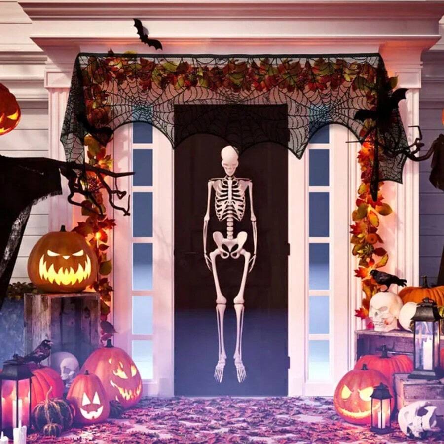 Halloween Fireplace Mantle Scarf - 96x18 Inch Black Lace Scarf With Spider Web, Bat & Spider Design, Lightweight Durable - Ideal For Haunted House, Party, Window, Dining Table Decor