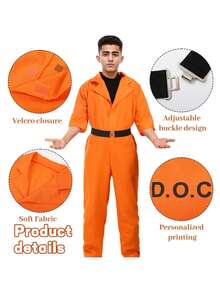 1 Set American Prison Uniform Jumpsuit, Orange Convict Costume For Halloween Cosplay - Orange - View 6