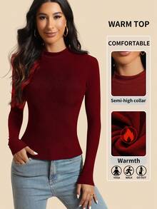 一件秋冬季保暖内衬高领长袖上衣，纯色休闲修身百搭打底衫，适合外穿、运动、瑜伽 - 紅色 - 查看 2