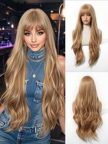Ava WIGS 30英寸长波浪卷假发，带刘海，耐热，无蕾丝，适合女性。黑红混色长波浪卷假发，日常派对角色扮演多色假发，万圣节礼物，女士之选。 - 金色 - 查看 3