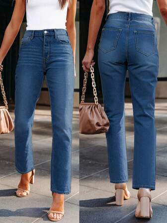 女式休闲百搭弹力修身浅蓝色水洗牛仔直筒牛仔裤，日常穿着