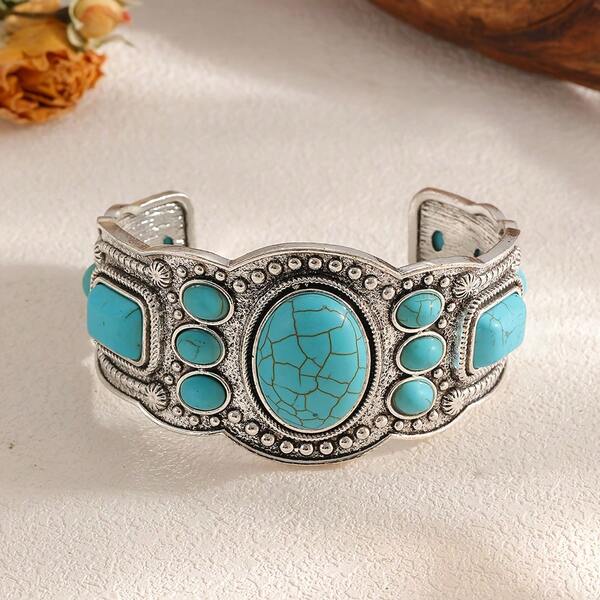 1pc Bohemian Vintage Natural Turquoise Metal C-Shape Open Bangle Bracelet, Fashionable Elegant High-End Women Bracelet Suitable For Party, Travel And Gathering, Suitable For Daily, Party, Christmas Gift For Girlfriend And Friends