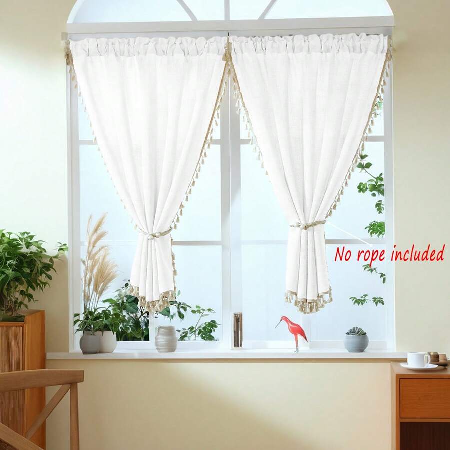 2 Pack Landhausstil weiße Küchengardinen, beige Quasten, Rüschenränder, Gardinenband, verdickter leinenähnlicher Stoff, natürliche Filterung, maschinenwaschbar, einfache elegante Heimfensterdekoration für Küche, Esszimmer, Speisekammer, Café, Geschenkidee