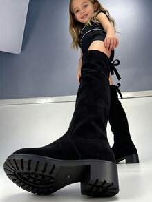 1 双适合青少年女孩，蝴蝶结装饰，仿麂皮，防滑舒适，圆头过膝靴，侧拉链开合，低跟，休闲时尚，儿童过膝靴，适合日常穿着、派对和圣诞节