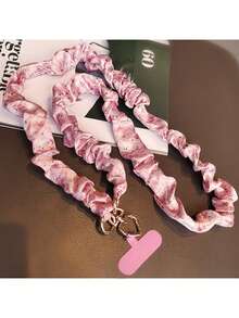 1pc Elastic Silk Printed Ribbon Pleated Phone Lanyard Crossbody Phone Strap Necklace For Women, Anti-Lost Phone Hanging Cord, Creative Phone Lanyard Suitable For Outdoor, Hiking, Shopping, Travel