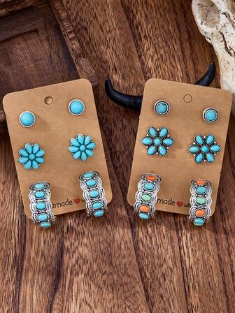 MONLOTTI 2/6/12個 レトロカウガール ウエスタン ターコイズ ピアス レディース、ヴィンテージ ボヘミアン ジュエリー ピアス、レディース サマージュエリー、ターコイズ ジュエリー ステートメントピアス