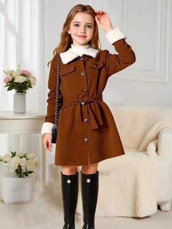 Vestido largo de niña de pana elegante con parches y cuello de piel sintética, atuendo elegante y con estilo, adecuado para uso casual y diario en otoño/invierno
