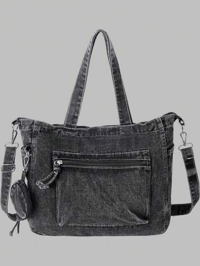 DareSee New Fashion Casual Chic Soft Jeans Multi-Pocket Tote Bag With Coin Purse, Solid Color Large Capacity Shoulder Bag, Literary Style College Student Crossbody School Bag, Suitable For Work Commute, Shopping, Travel And Back To School Music-Fest Y2K-Fest Back To School Autumn Winter, Perfect For Cow Girl Gifts Music Fest