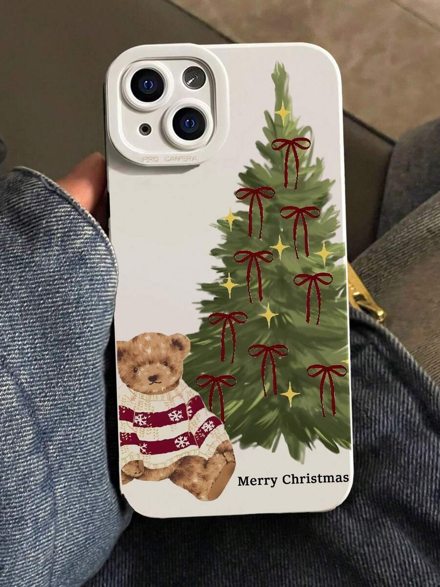 圣诞树和泰迪熊图案液态硅胶手机壳，全方位保护，防震，防摔，TPU软橡胶材质，兼容三星Galaxy手机 - 彩色 - 查看 1
