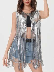 Women Sequin Fringe Vest Sparkly Tassels Jacket Rivet Sleeveless Open Front Tops 70s Hippie Glitter Cardigan Party Cowgirl Concert Outfits - 銀色 - 查看 1