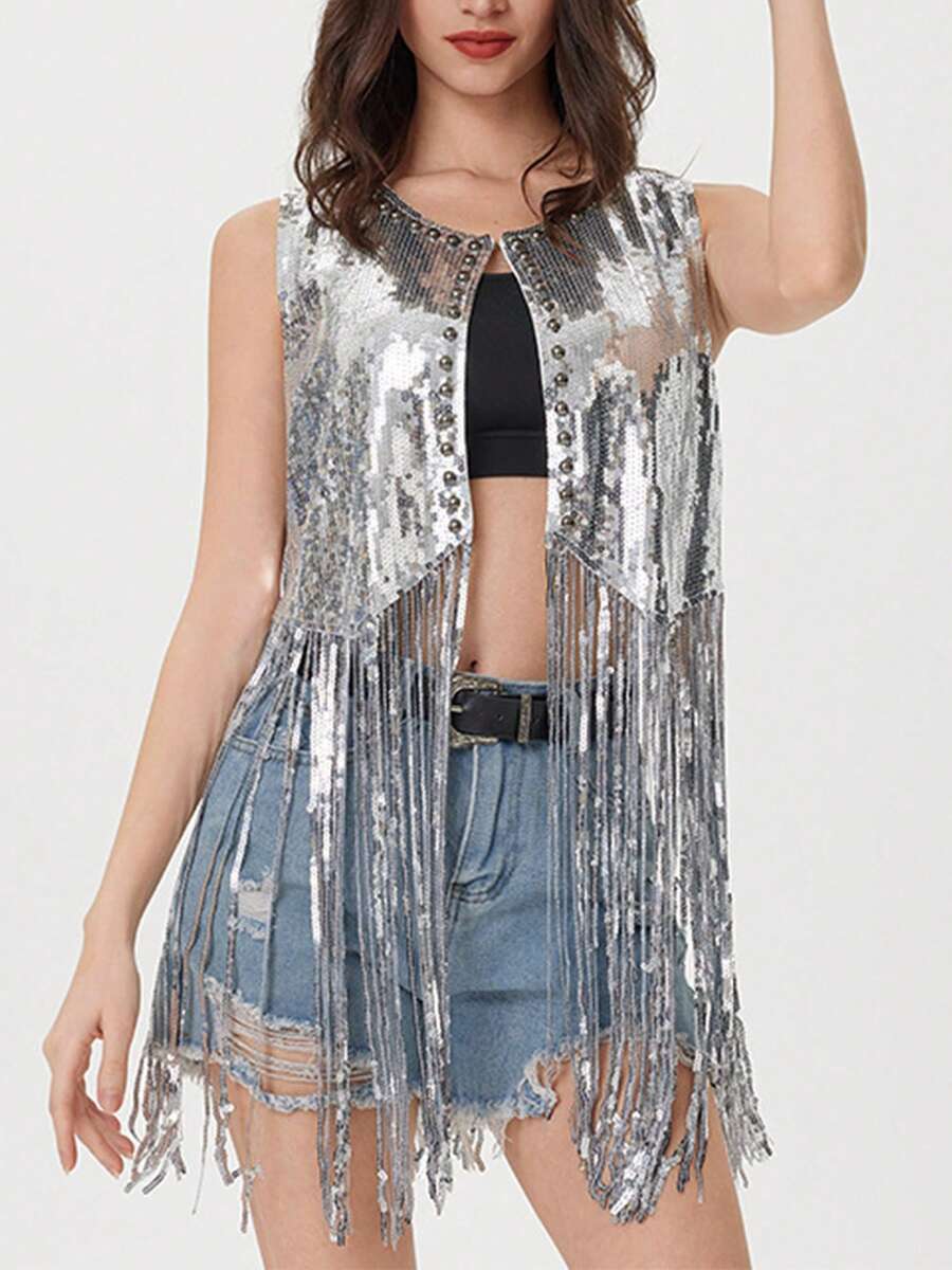Women Sequin Fringe Vest Sparkly Tassels Jacket Rivet Sleeveless Open Front Tops 70s Hippie Glitter Cardigan Party Cowgirl Concert Outfits - 銀色 - 查看 1