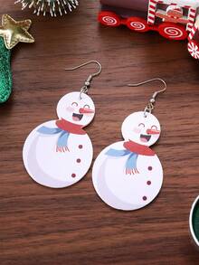 1 Pair Vintage Winter Cute Snowman Pendant Earrings, PU Double-Sided Christmas Cartoon Earrings, Party Gift