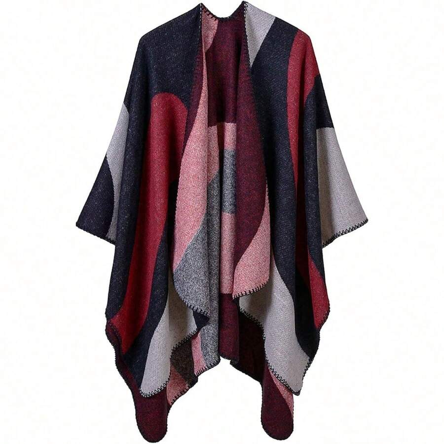 Women's Warm Shawl Wrap Cape Winter Cardigan Sweaters Open Front Poncho - A5-紅色 - 查看 1