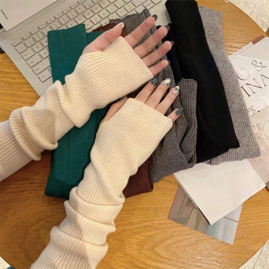 Warm Knitted Wool Half-Sleeved Gloves, Women's Autumn And Winter Leaking Fingers Can Touch The Screen, Cold-Proof Stacking, Arm Protection - Màu xanh lam - Xem 1