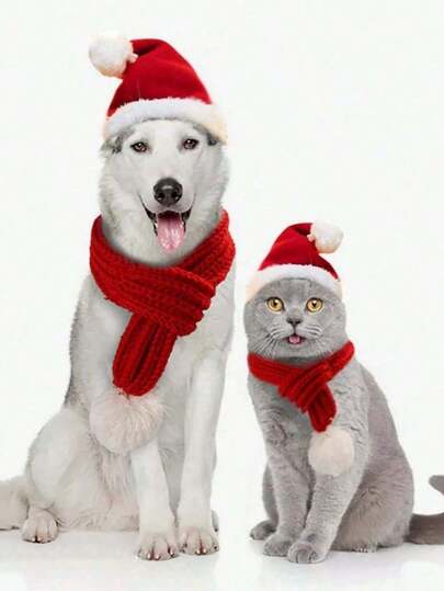طقم قبعة وشال للقطط والكلاب في عيد الميلاد، زي مضحك، شال وقبعة دافئة للخريف/الشتاء