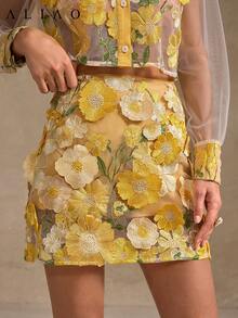 Conjunto Aliao Delicate de 2 peças com saia transparente e bordado floral 3D de flores, vestido floral, conjunto feminino de verão, ideal para casamentos, jantares, eventos formais, bailes de formatura, estilo cortesão, roupa para o Dia dos Namorados e roupa de Ano Novo. - Amarelo - Ver 3