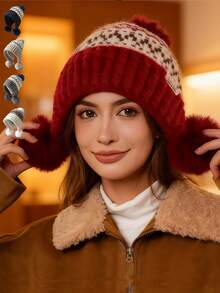 1 Set de 3 Accesorios con Pompones, Gorro de Punto Versátil para Mujer de Otoño/Invierno con Bufanda, Calientaorejas Lindo con Pompón, Gorro de Punto Grueso y Cálido para Atuendos de Otoño