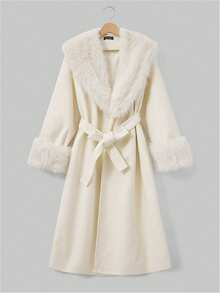 Glamful Elegant Chic Minimalist Business Commute Women's Coat, Solid Color Waist Belt Faux Fur Patchwork Long Coat, Winter Outerwear For Women, New Year Clothes - Apricot - View 7