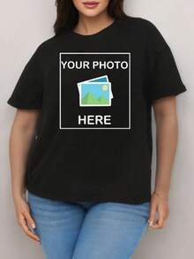 Customizable Women's Plus Size T-Shirt - Soft & Stretchy Casual Sport Tee With Personalized Photo Design, Round Neck, Short Sleeve, Machine Washable, Everyday Apparel Short Sleeve Top Machine Washable Shirt, Custom T Shirt