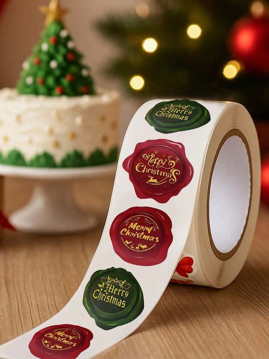 1 Roll (1Roll/500Pcs)Merry Christmas Sticker Roll, Christmas Decoration Label Stickers With Embossed Wax Seal Design, Envelope Stickers, Sealing Stickers, Gift Packaging Scrapbook Stickers, Candy Bag Decorations, Circular Party Gift Decorations - Multicolor - View 1