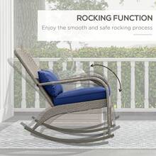 Outsunny Outdoor Wicker Adirondack Rocking Chair, Patio Rattan Rocker Chair With High Back, Seat Cushion And Pillow For Garden, Porch, Balcony, Dark Blue - 藍色 - 查看 3