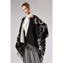 Women's Warm Shawl Wrap Cape Winter Cardigan Sweaters Open Front Poncho - A23-黑色 - 查看 4