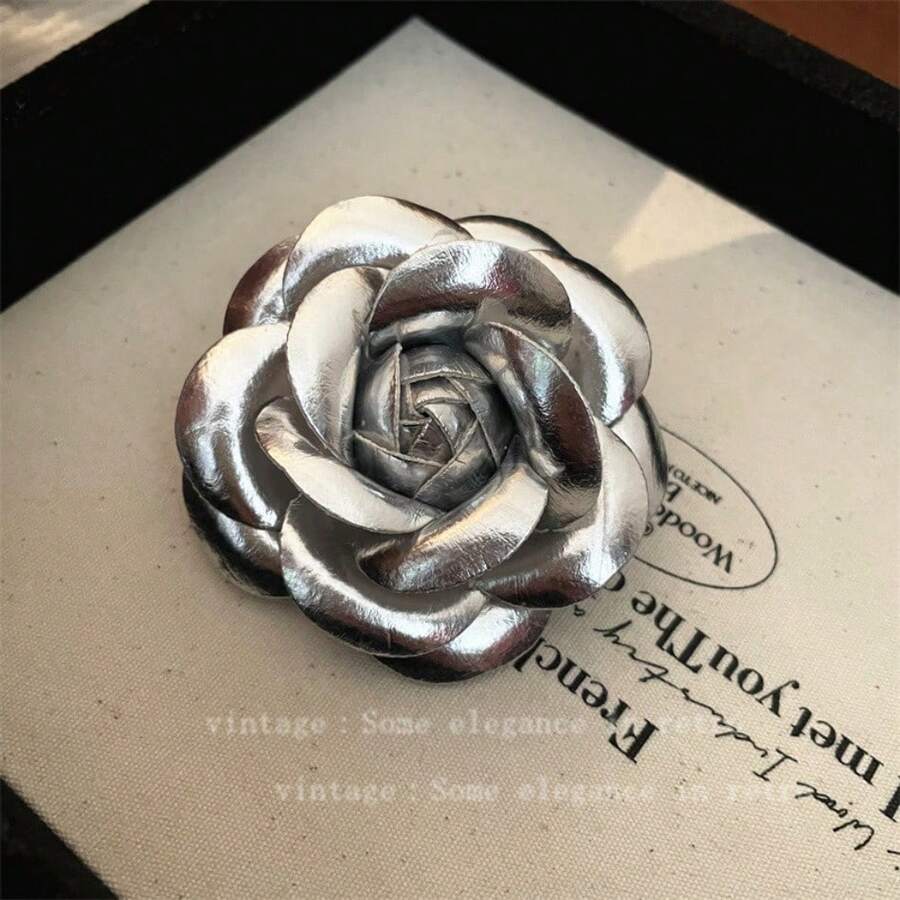 Luxury Flower Pin, Elegant French Leather Brooch, Costume Accessory - Silver - View 1