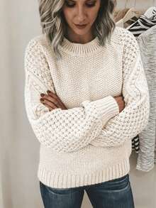 Women's Elegant Comfortable Knit Crew Neck Sweater, Casual Long-Sleeve Sweater For Autumn And Winter,For Everyday Wear / Daily Wear - Apricot - View 4