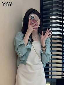 [Y6Y] 女士时尚 Polo 领后开衩短款长袖衬衫，优雅休闲日常穿着 - 淺藍色 - 查看 4