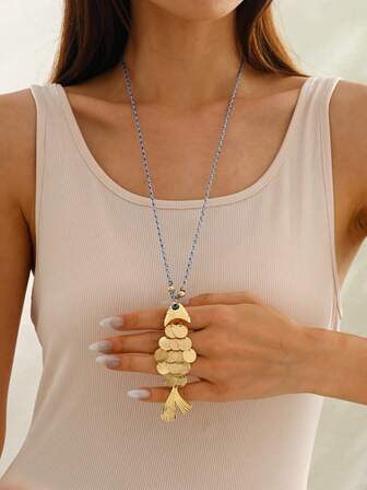 1 pieza Colgante de pez 3D móvil de oro para mujer, collar largo, collar largo de moda vintage con colgante geométrico para mujer, accesorio casual diario para mujer, regalo para ella