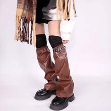 Over-The-Knee Socks And Leg Warmers Set New Y2K Millennium Style Sweet Cool Hot Girl Black Leather Punk Leg Warmers Socks Boot Covers Ins  Women's Clothing Accessories Suitable For Daily Street Wear - 黑皮革+黑鏈條+黑色過膝襪 - 查看 4