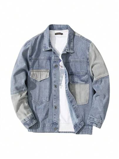メンズデニムジャケット、春秋新作、カジュアルデザイン、シンプルな翻领付き、スタイリッシュでリラックスしたシルエット